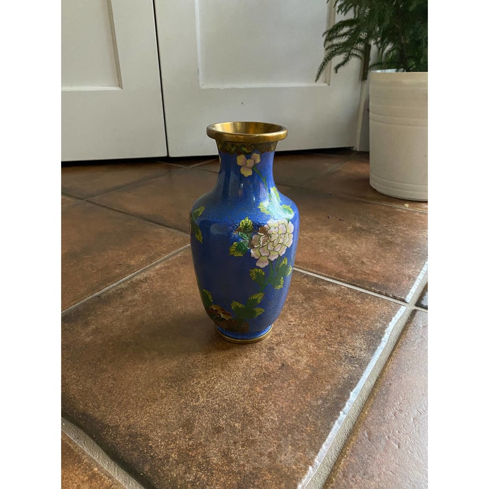 Blue Antique Vintage Japanese Hand Painted Floral Vase - Picture 2 of 7